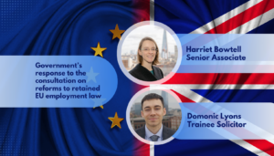 EU and GB flag with Harriet and Domonics profiles