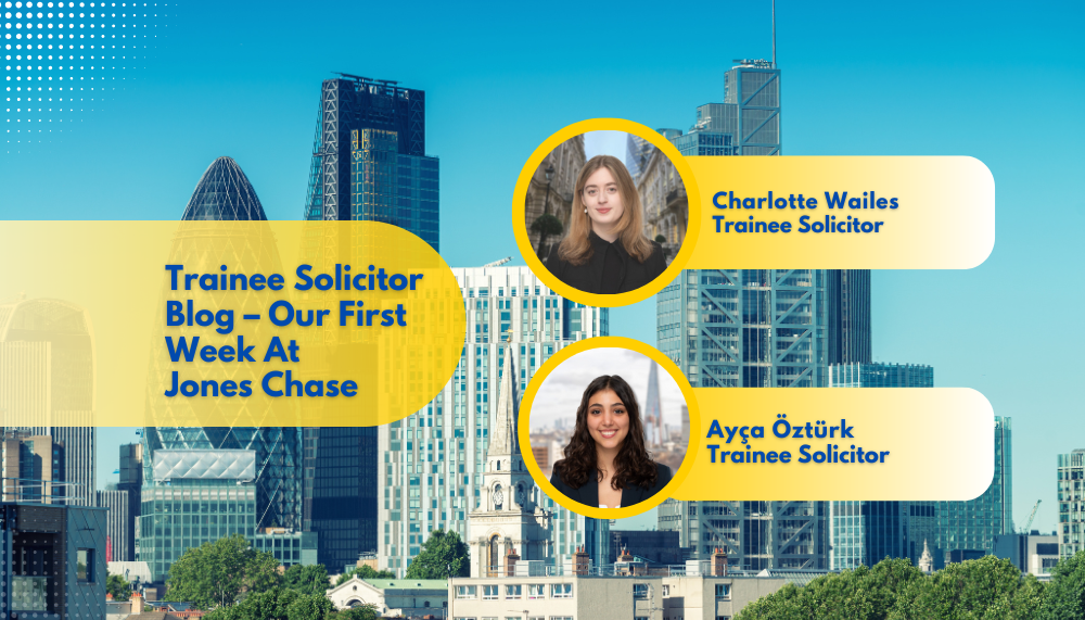 Blog title for trainee solicitors Ayça Öztürk and Charlotte Wailes in front of a London back drop